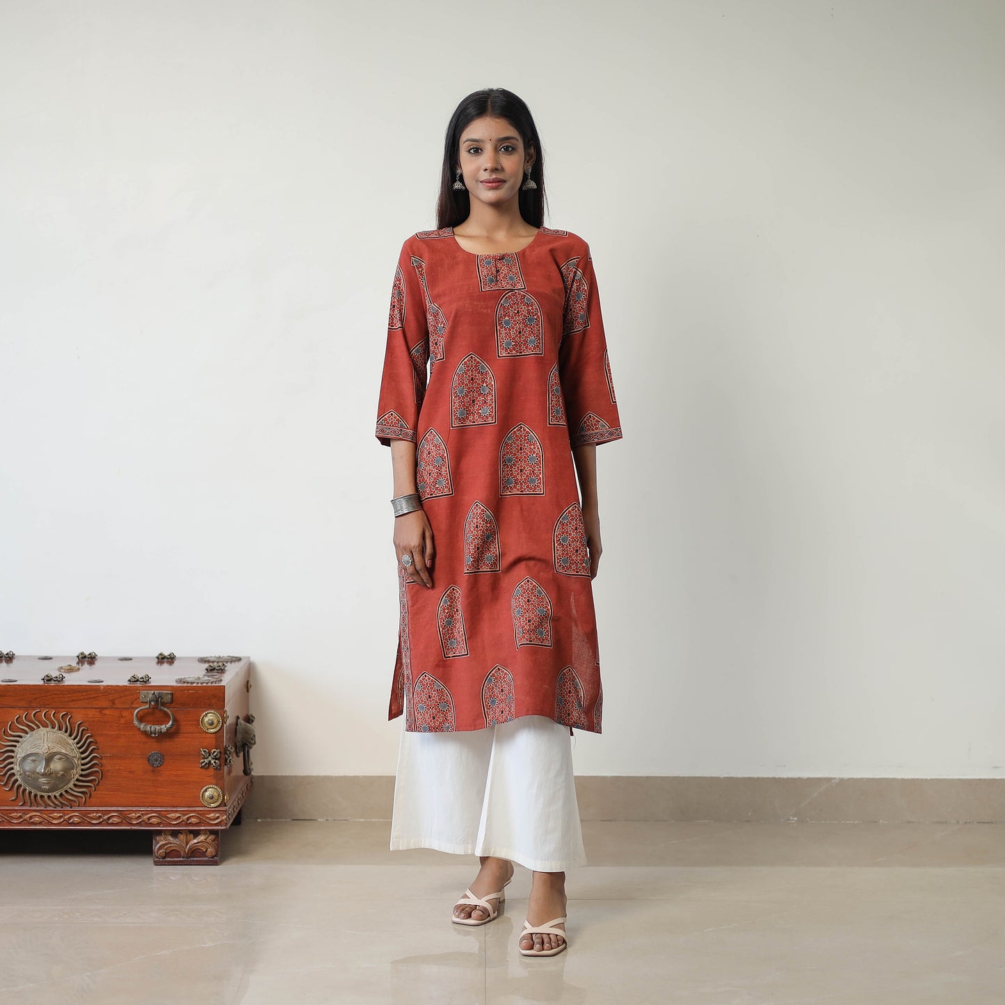 Red - Block Printed Cotton Straight Ajrakh Kurta 06