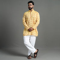 Light Yellow - Sambalpuri Ikat Weave Cotton Men Short Kurta