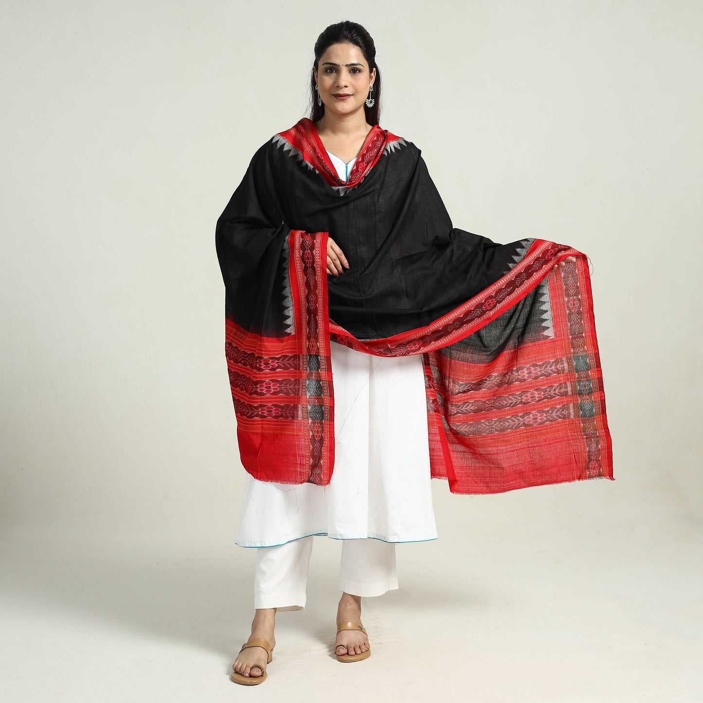 Black - Sambalpuri Ikat Weave Handloom Plain Cotton Dupatta 24