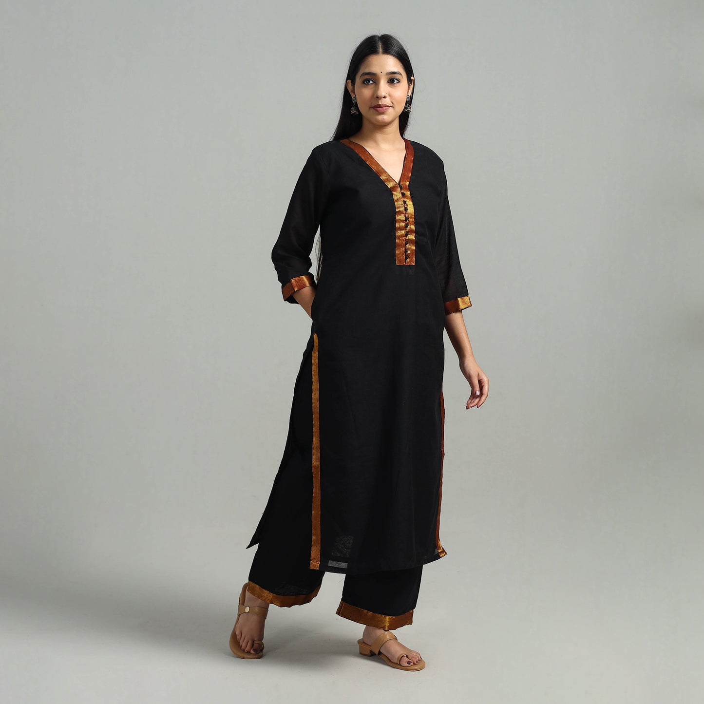 Black - Cotton Dharwad Kurta Set with Palazzo & Dupatta 12