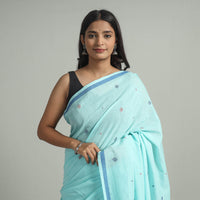 Blue - Handloom Cotton Phulia Jamdani Saree with Tassels 06