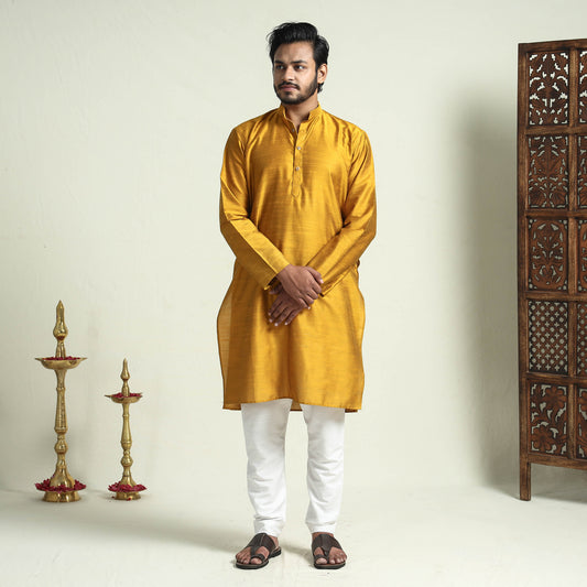 Mustard - Yellow Plain Dyed Slub Silk Men Long Kurta