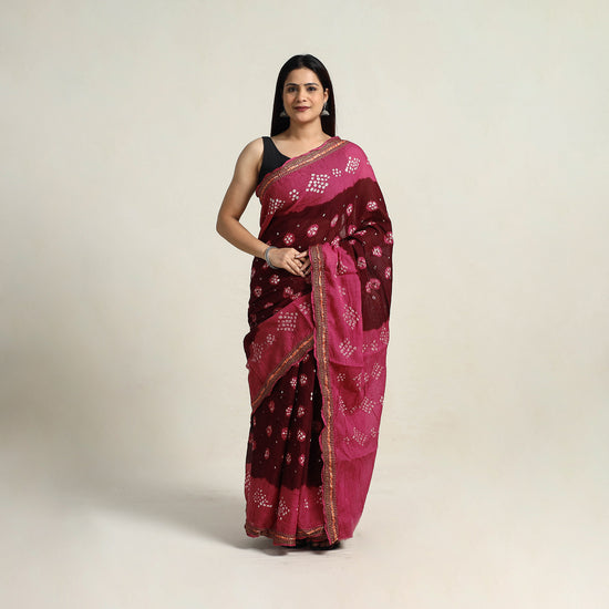 Maroon - Kutch Tie-Dye Cotton Bandhani Saree with Blouse Piece 20