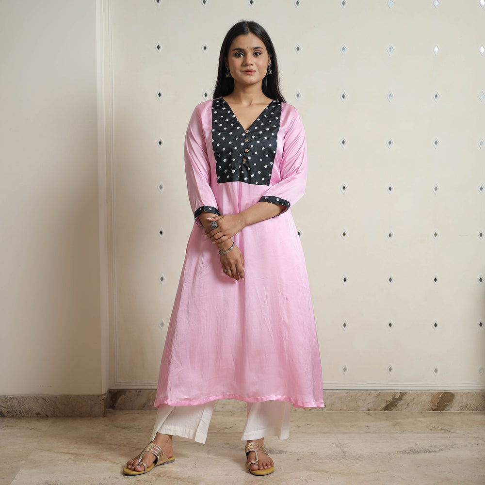 Pink - Plain Modal Silk A-Line Kurta with Bandhani Patchwork 08