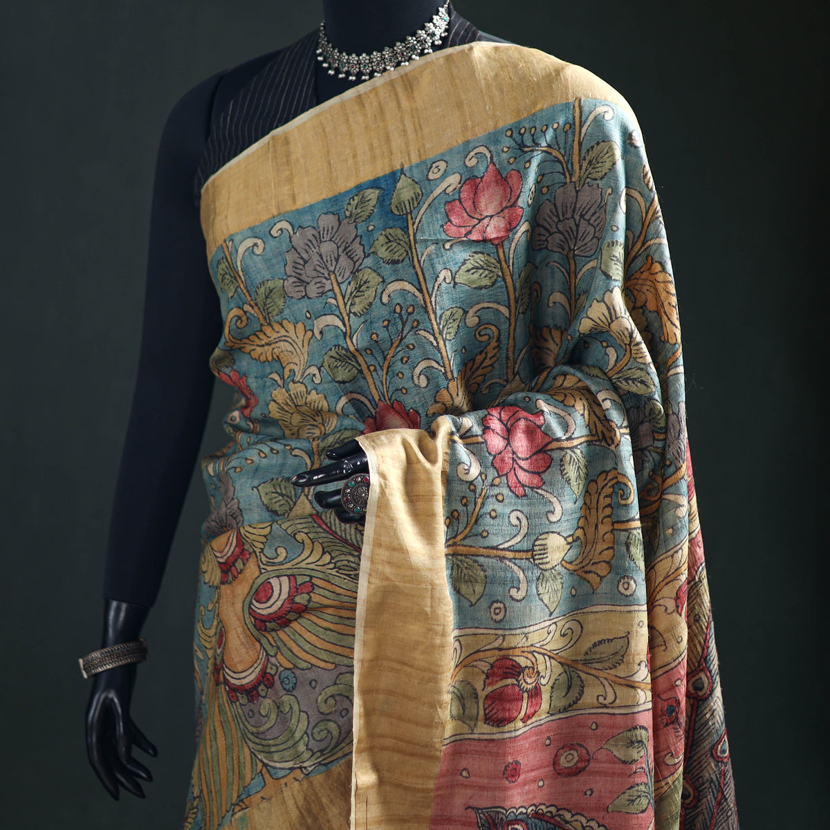 Pure Handloom Desi Tussar Silk Handpainted Srikalahasti Pen Kalamkari Saree with Zari Border 04