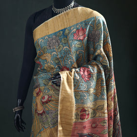 Pure Handloom Desi Tussar Silk Handpainted Srikalahasti Pen Kalamkari Saree with Zari Border 04