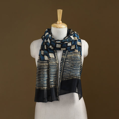 Black - Pipad Hand Block Print Natural Dyed Chanderi Silk Handloom Stole 07