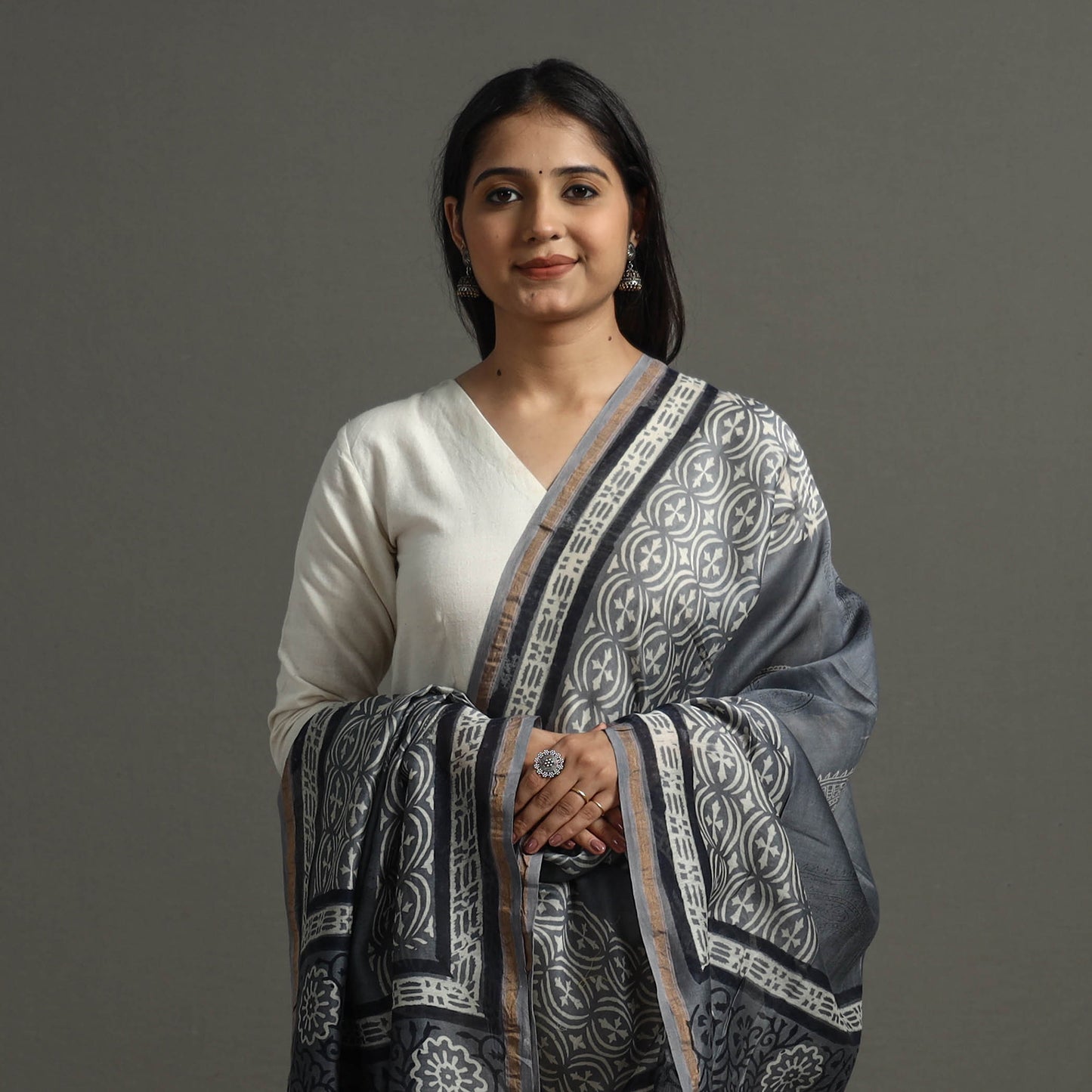 Grey - Block Printed Chanderi Silk Bagru Dupatta 62