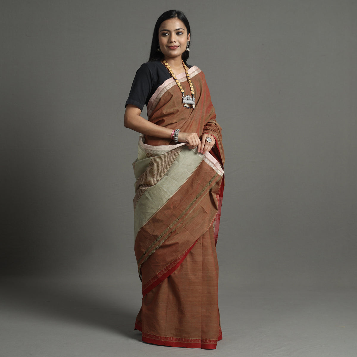 Brown - Pure Handloom Natural Dyed Dobby Cotton Saree 6