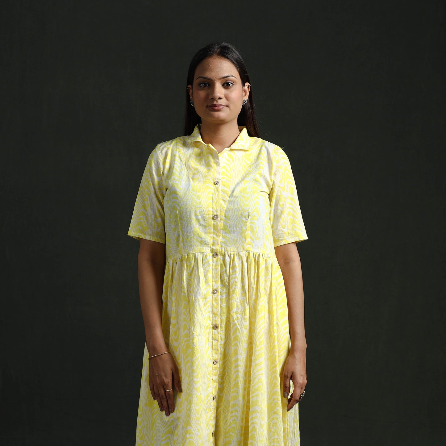 Collared Neck Buttoned Down Flared Cotton Hand Block Batik Print Dress 05