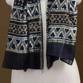 Black - Pipad Hand Block Print Natural Dyed Chanderi Silk Handloom Stole 08