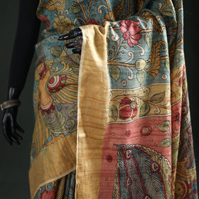 Pure Handloom Desi Tussar Silk Handpainted Srikalahasti Pen Kalamkari Saree with Zari Border 04