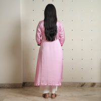 Pink - Plain Modal Silk A-Line Kurta with Bandhani Patchwork 08