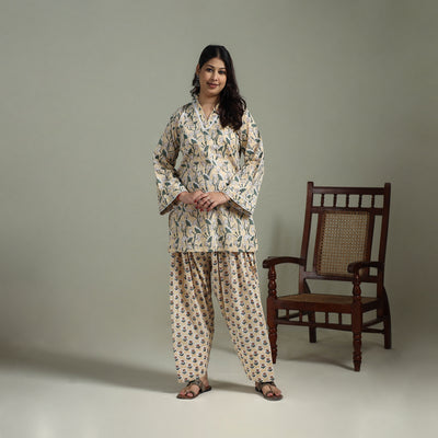 Sanganeri Hand Block Print Cotton Lace Work Short Kurta with Farshi Salwar Set for women 04