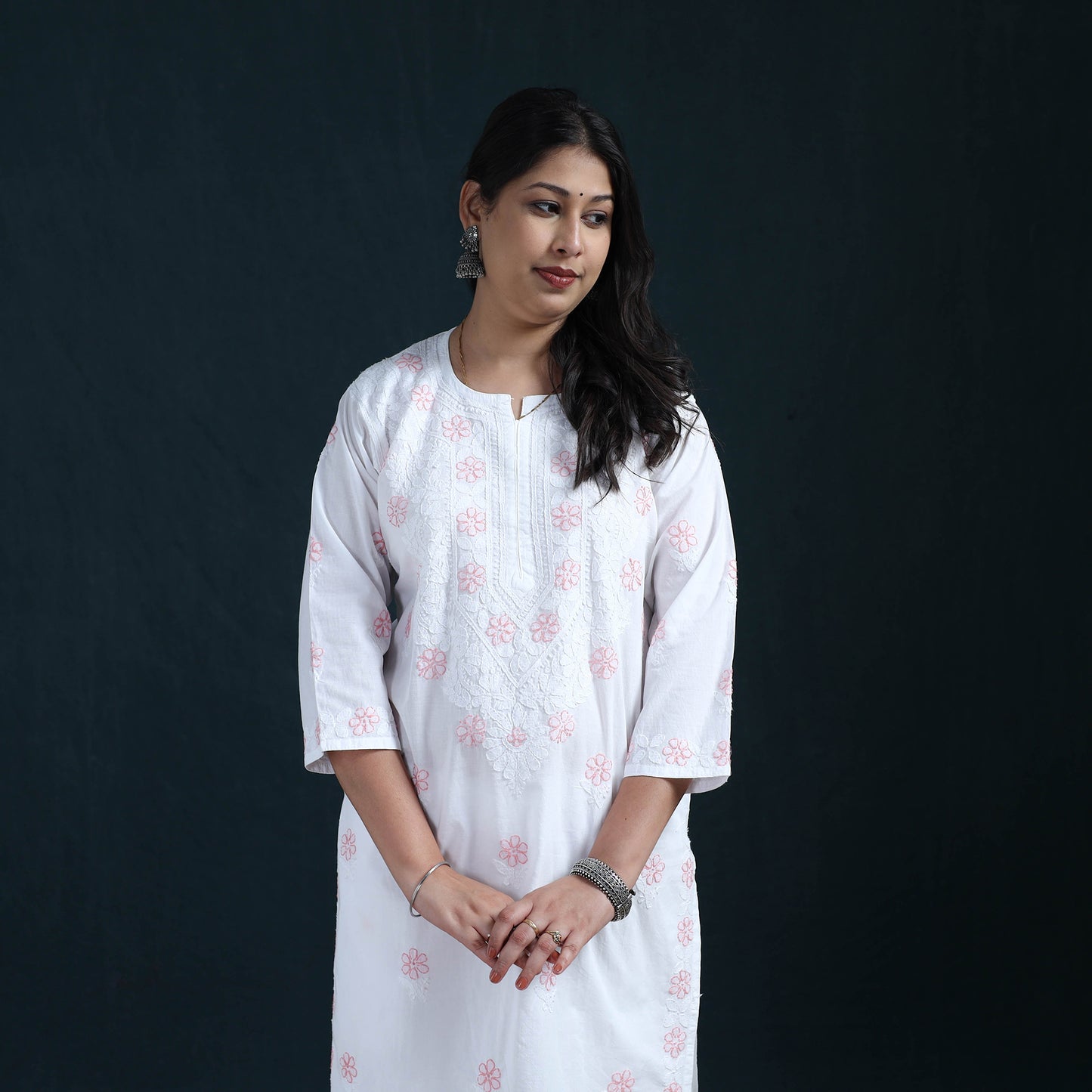 White - Hand Embroidered Mul Cotton Chikankari Kurta with Palazzo Set for Women 33