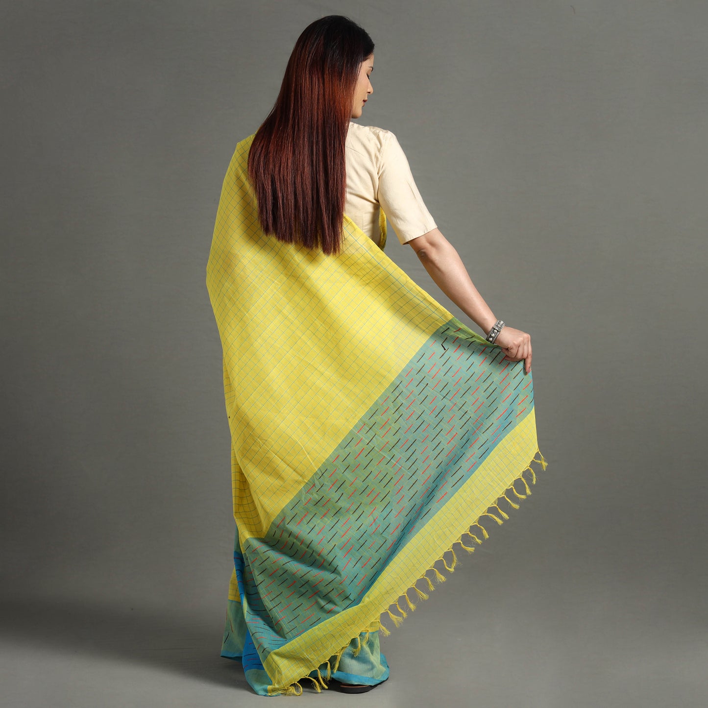 Yellow - Traditional Venkatagiri Handloom Cotton Checks Saree 06