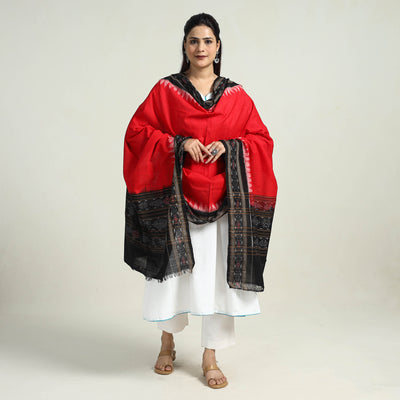 Red - Sambalpuri Ikat Weave Handloom Plain Cotton Dupatta 25