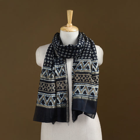 Black - Pipad Hand Block Print Natural Dyed Chanderi Silk Handloom Stole 08