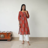 Red - Block Printed Cotton Straight Ajrakh Kurta 06