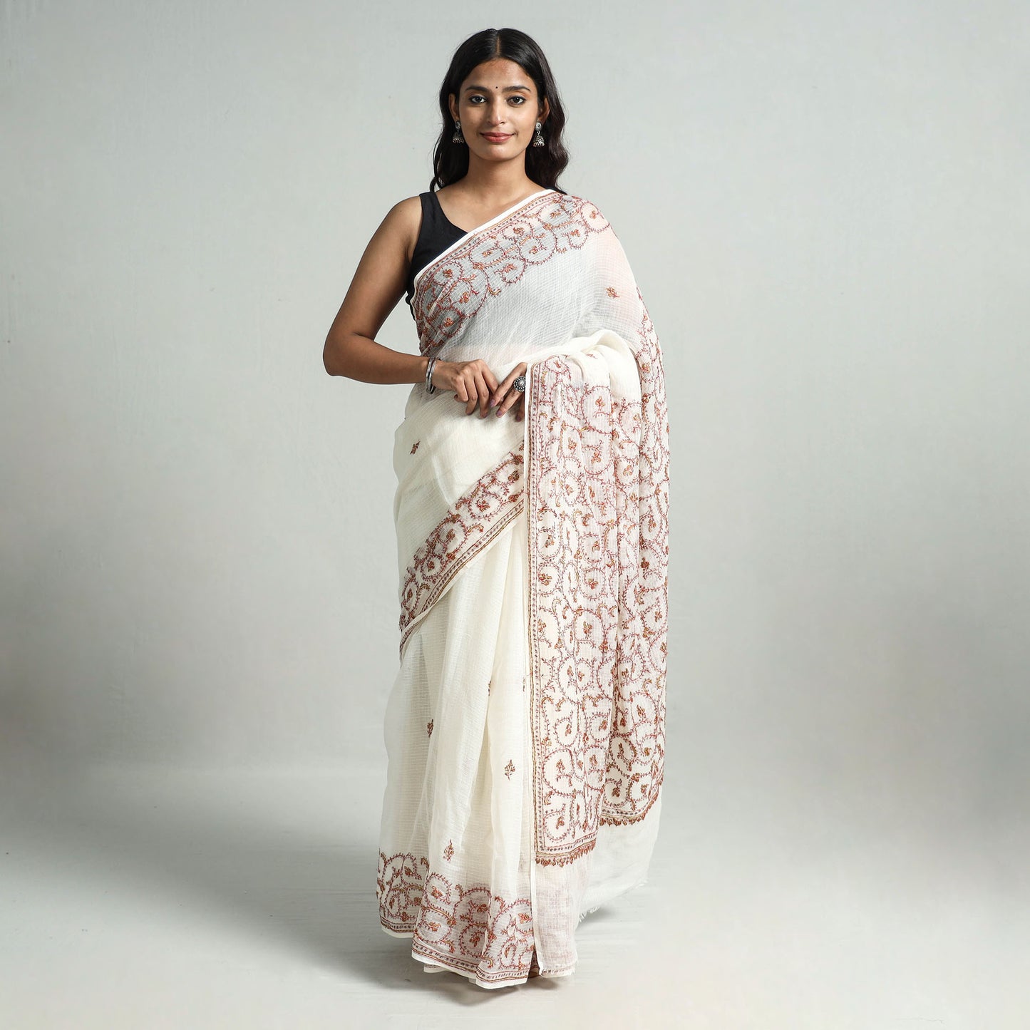 White - Kashidakari Hand Embroidery Pure Kota Silk Saree with Zari Border 11