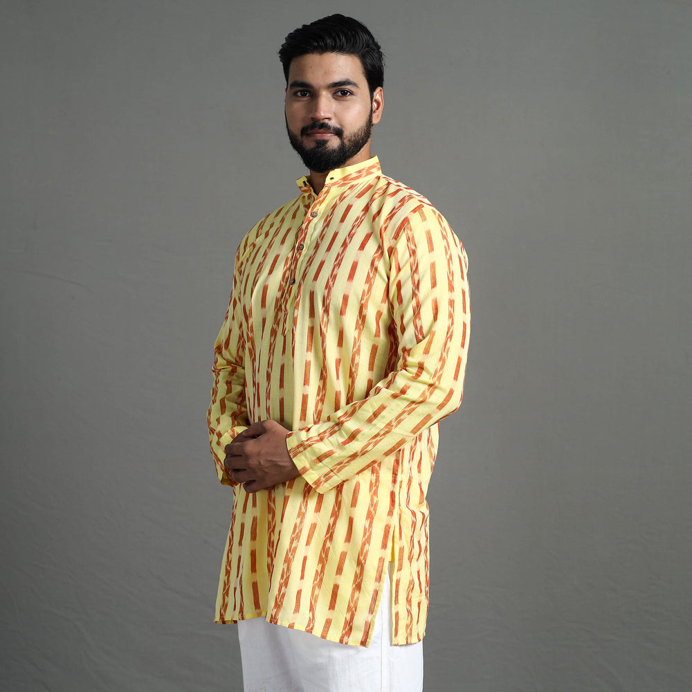 Light Yellow - Sambalpuri Ikat Weave Cotton Men Short Kurta