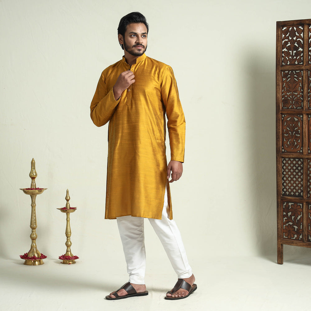 Mustard - Yellow Plain Dyed Slub Silk Men Long Kurta