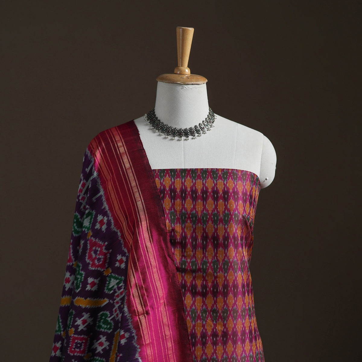 Pochampally Ikat Handloom Sico Unstitched Dress Material: Kurta with Mulberry Silk Dupatta 30