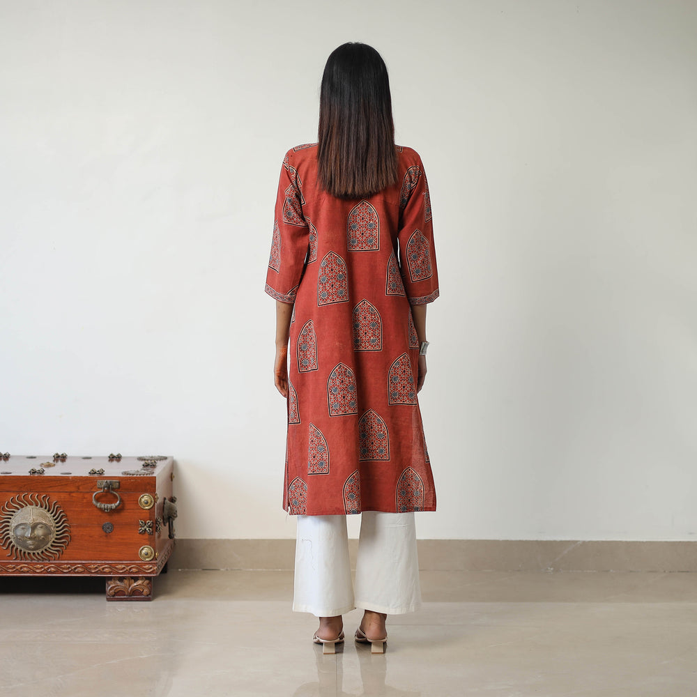 Red - Block Printed Cotton Straight Ajrakh Kurta 06