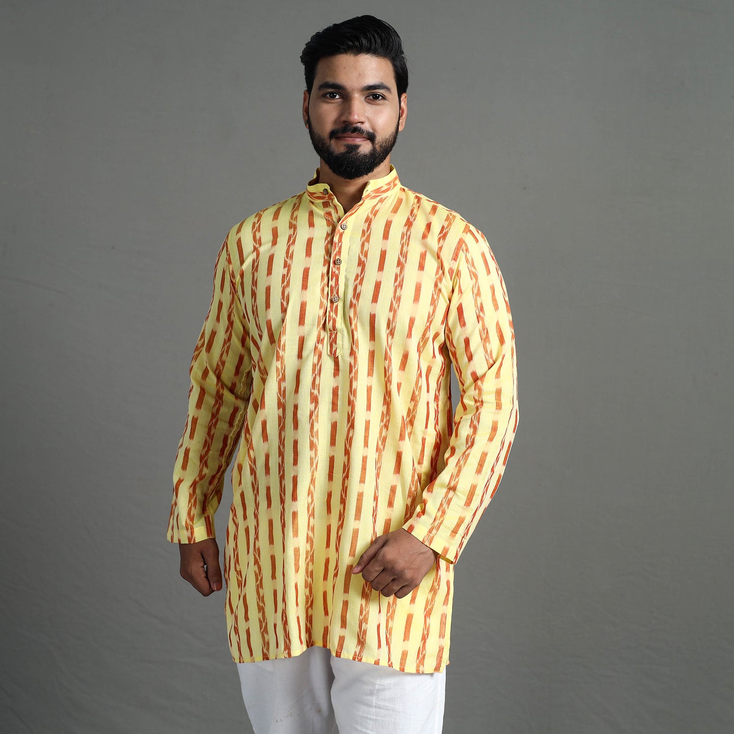 Light Yellow - Sambalpuri Ikat Weave Cotton Men Short Kurta