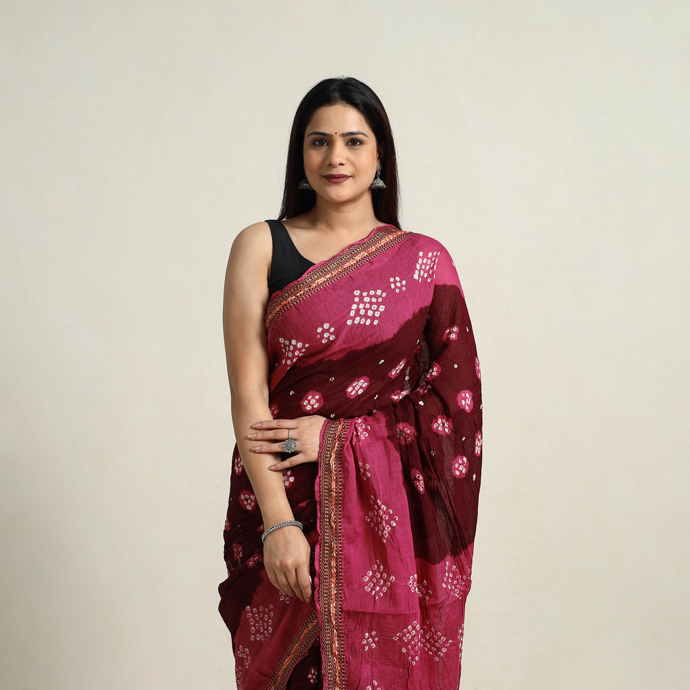 Maroon - Kutch Tie-Dye Cotton Bandhani Saree with Blouse Piece 20