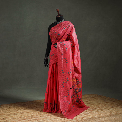 Red - Bengal Nakshi Kantha Hand Embroidered Silk Saree 50