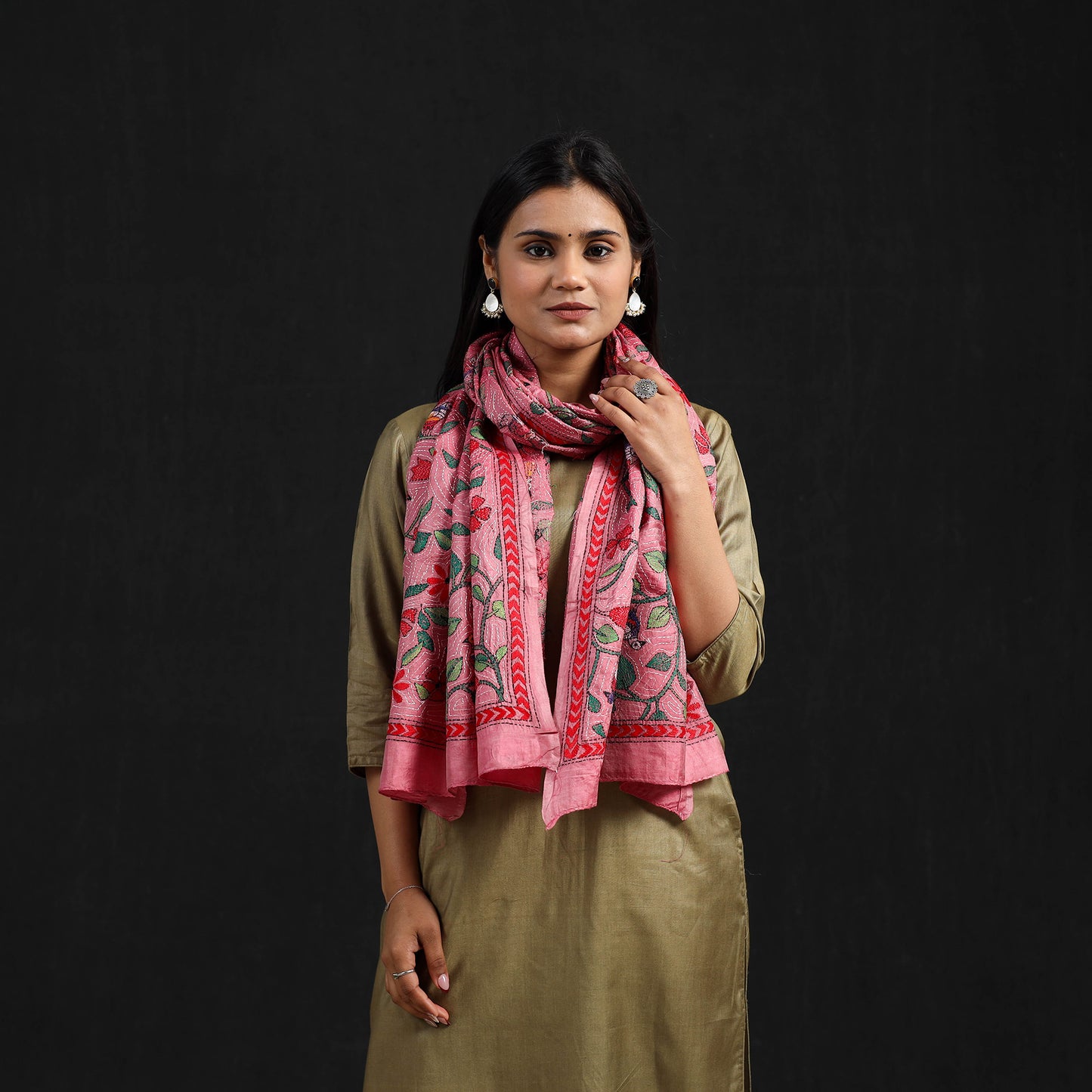 Pink - Handloom Silk Bengal Kantha Work Stole 20