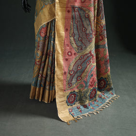 Pure Handloom Desi Tussar Silk Handpainted Srikalahasti Pen Kalamkari Saree with Zari Border 04