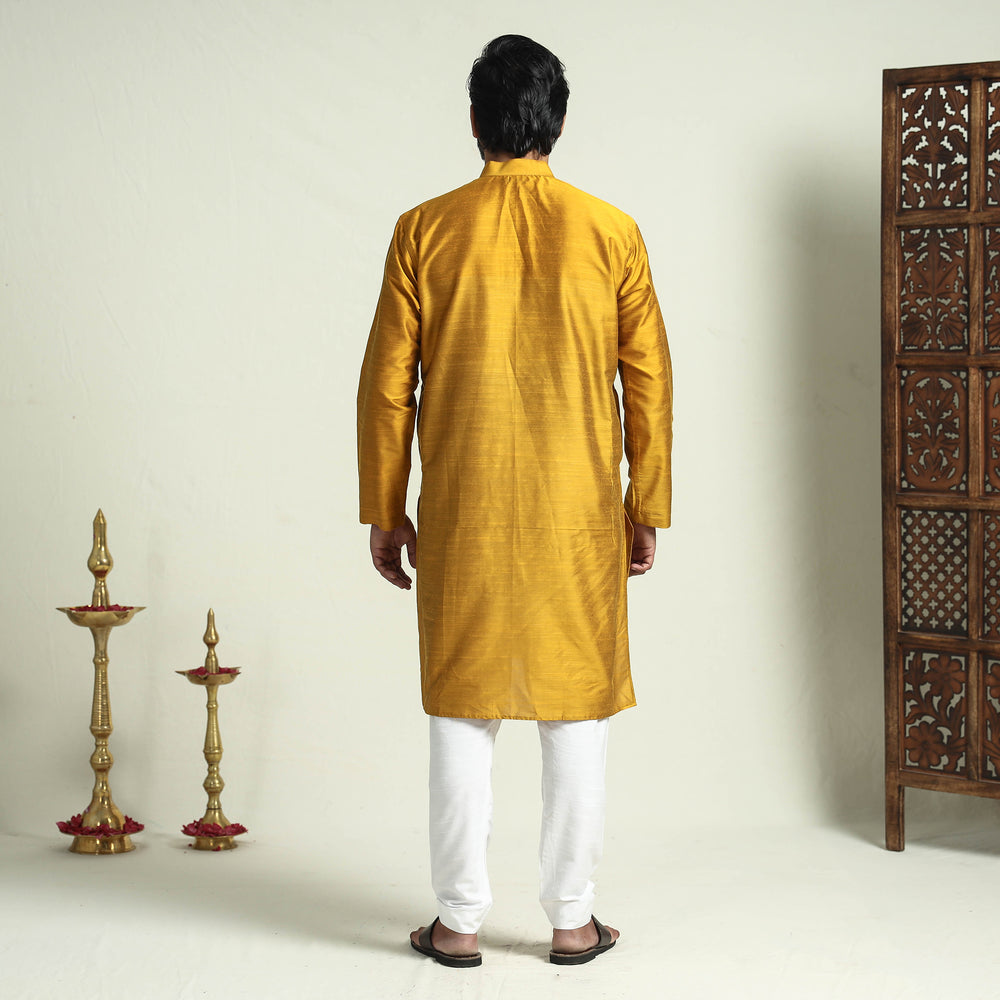 Mustard - Yellow Plain Dyed Slub Silk Men Long Kurta