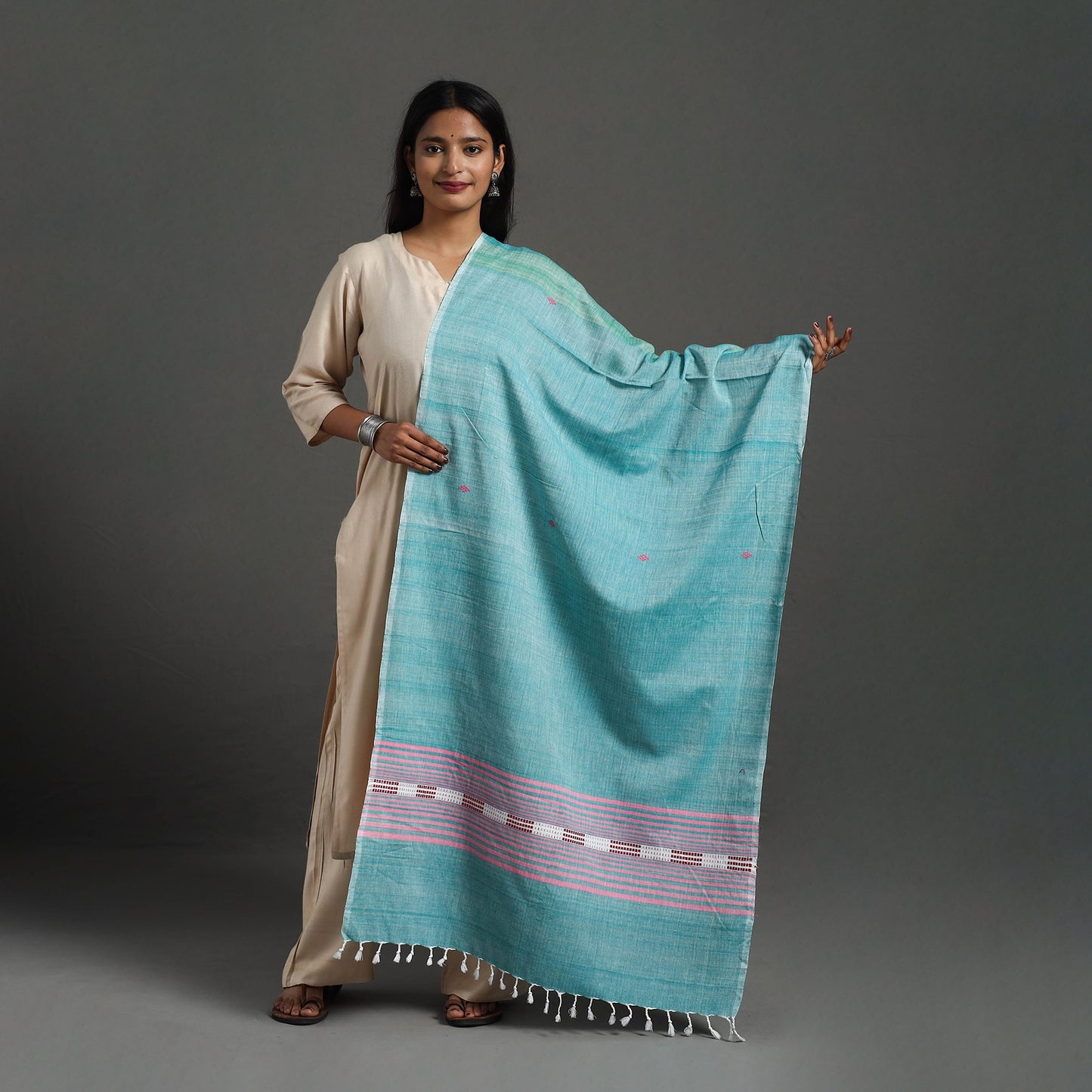 Blue - Assam Weave Thread Buti Cotton Handloom Dupatta 15