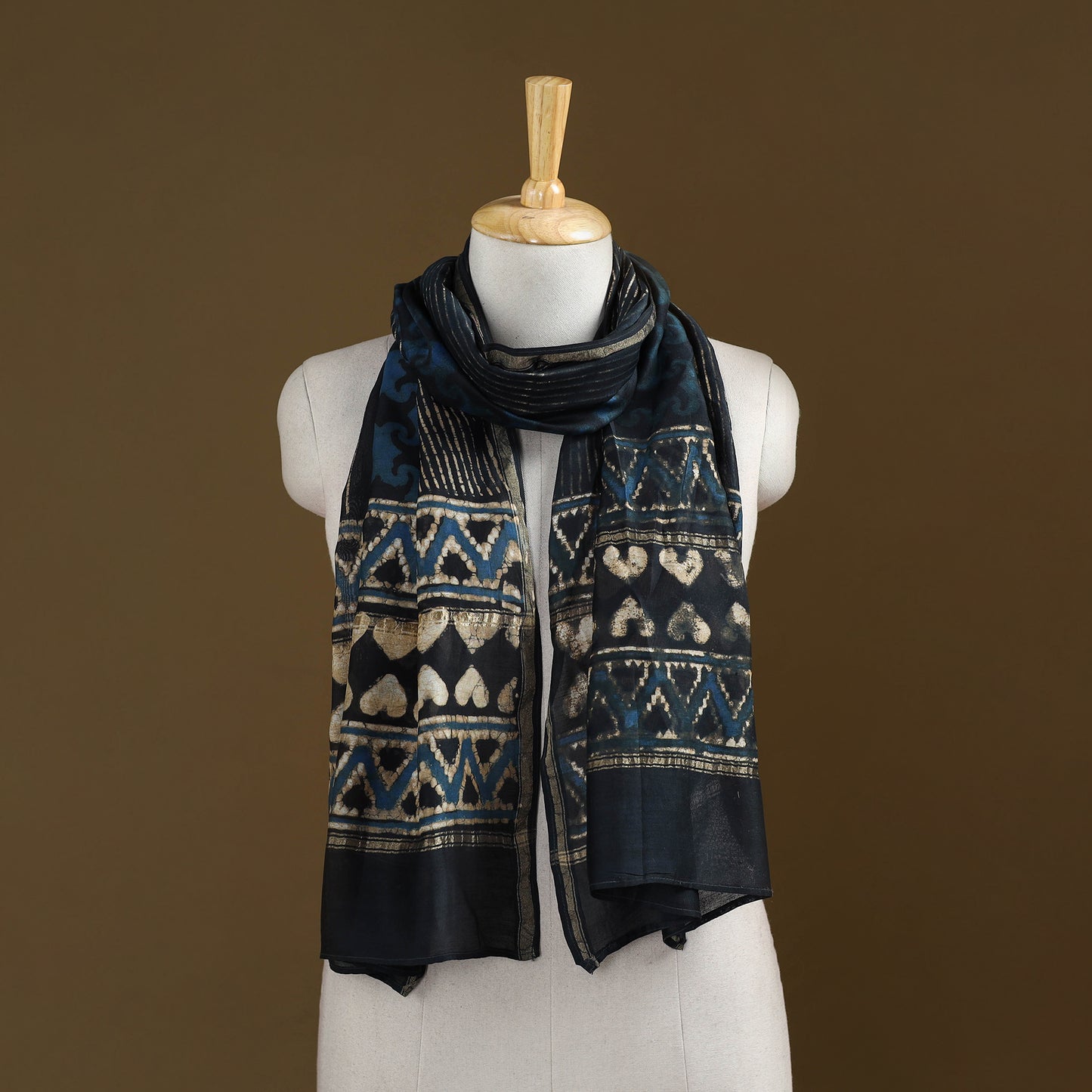 Black - Pipad Hand Block Print Natural Dyed Chanderi Silk Handloom Stole 09