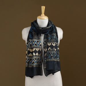 Black - Pipad Hand Block Print Natural Dyed Chanderi Silk Handloom Stole 09