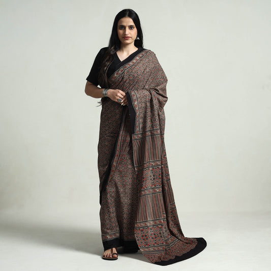 Brown - Ajrakh Block Printed Cotton Natural Dyed Saree