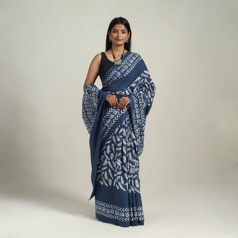 Blue - Cotton Hand Batik Print Saree 08