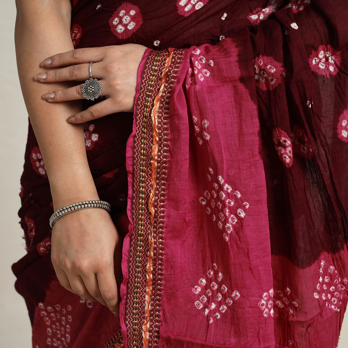 Maroon - Kutch Tie-Dye Cotton Bandhani Saree with Blouse Piece 20