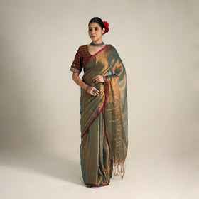 Fine Tissue Zari Green Bengal Saree with Embroidered Blouse