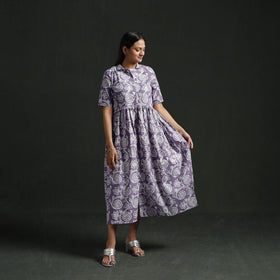 Collared Neck Buttoned Down Flared Cotton Hand Block Batik Print Dress 04