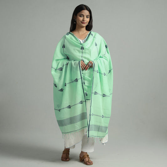 Green - Bengal Jamdani Buti Handloom Cotton Dupatta with Tassels 40