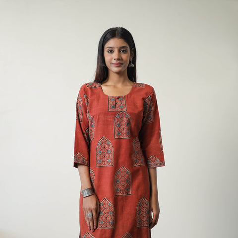 Red - Block Printed Cotton Straight Ajrakh Kurta 06