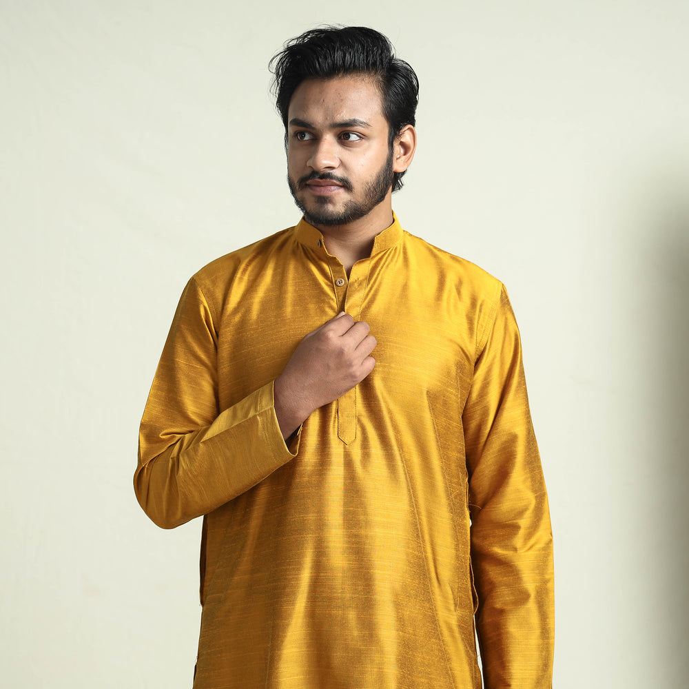 Mustard - Yellow Plain Dyed Slub Silk Men Long Kurta