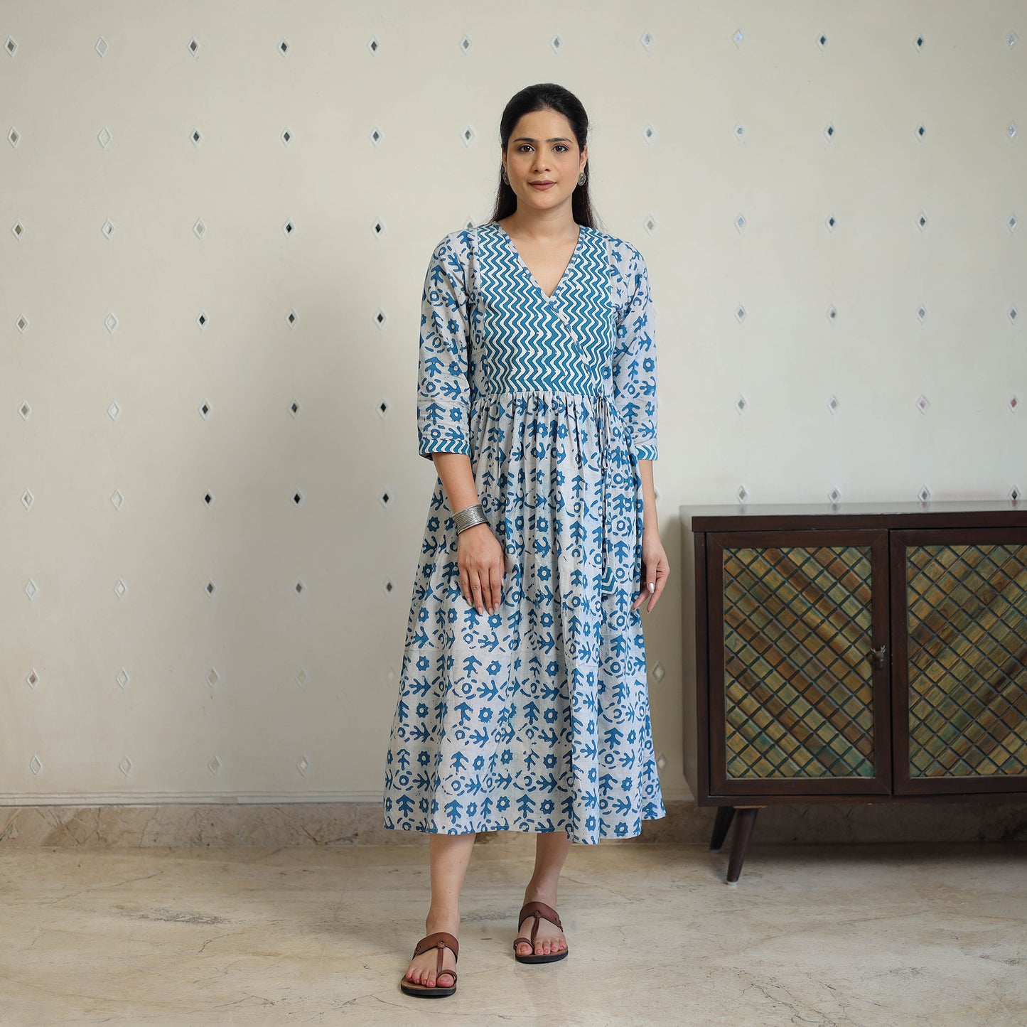 Blue - Pure Cotton Angrakha Batik Print Dress 01