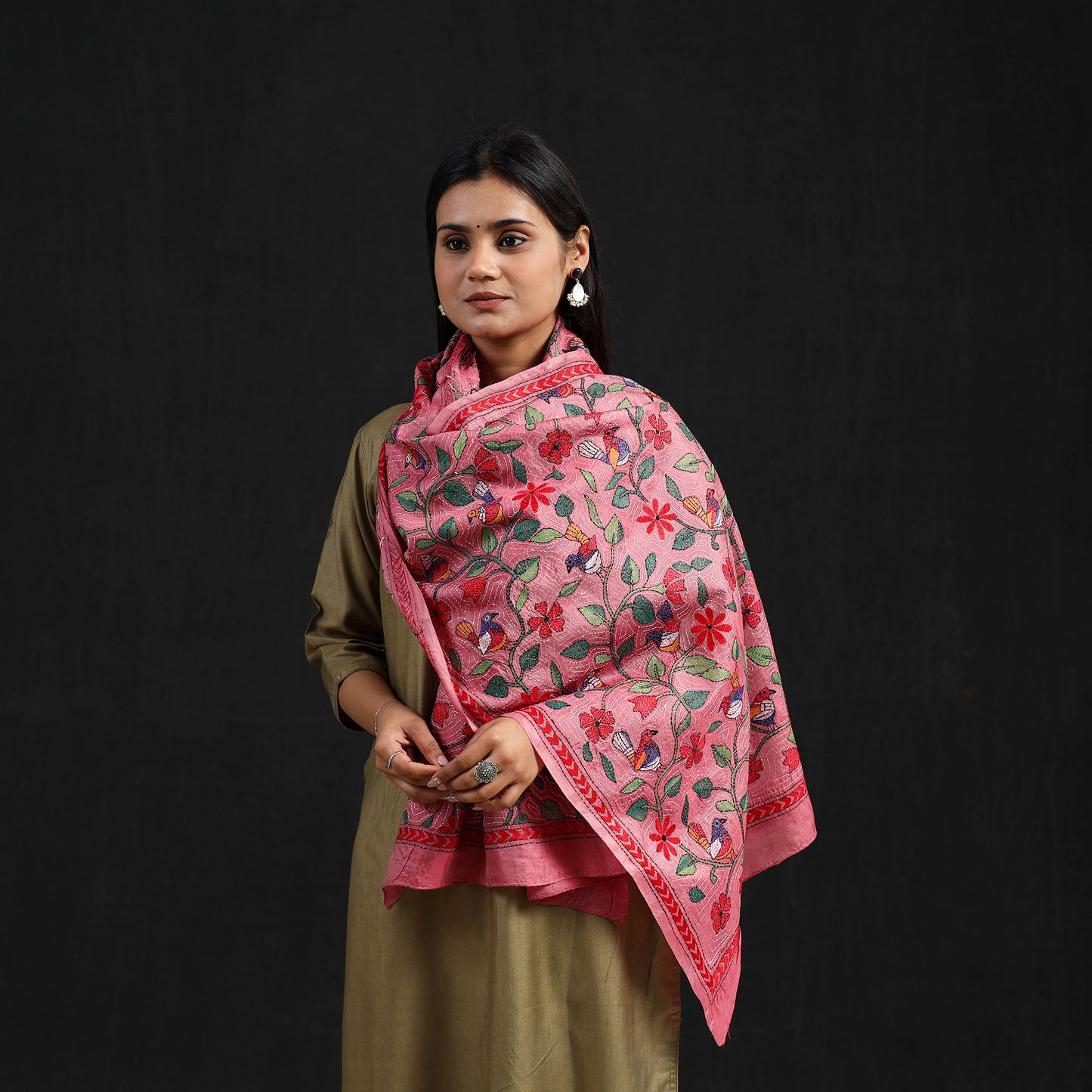 Pink - Handloom Silk Bengal Kantha Work Stole 20