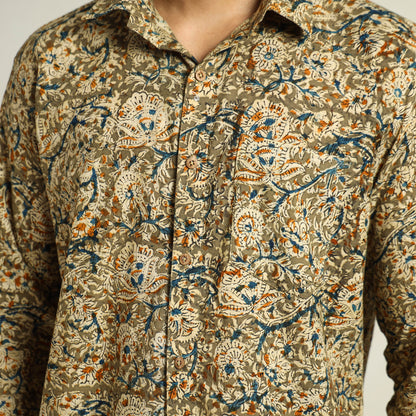 Green - Kalamkari Block Printed Cotton Men Full Sleeve Shirt 08