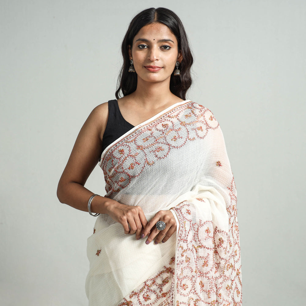 White - Kashidakari Hand Embroidery Pure Kota Silk Saree with Zari Border 11