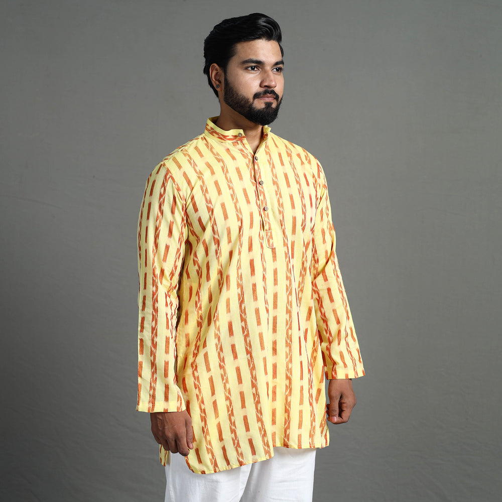 Light Yellow - Sambalpuri Ikat Weave Cotton Men Short Kurta